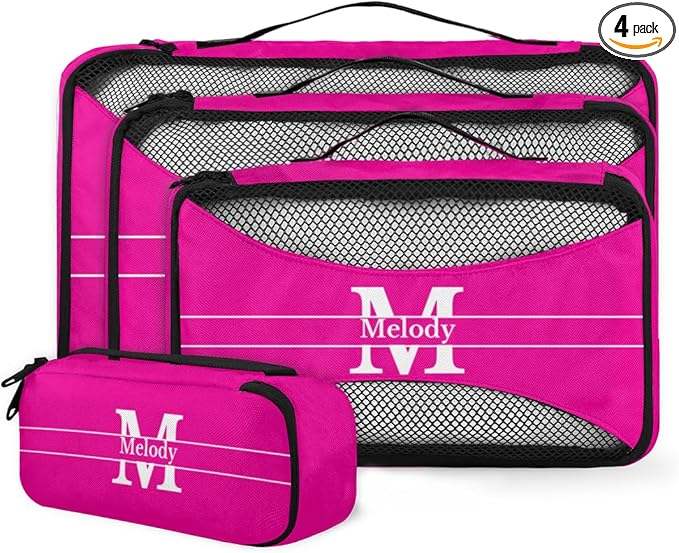 Custom 4 Set Packing Cubes for Travel, Personalized Deep Pink with Initial Letter Mesh Travel Luggage Packing Organizers for Women Men