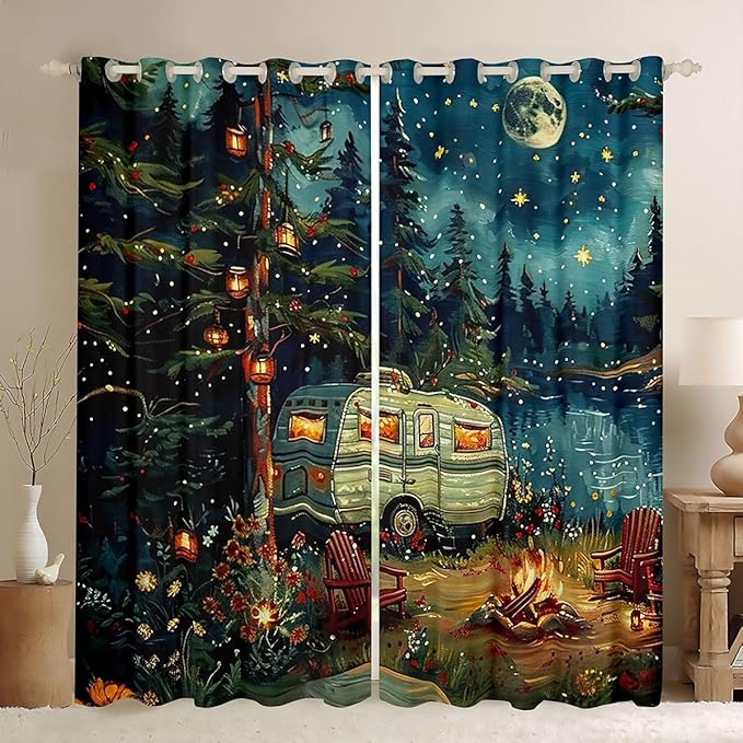 Feelyou RV Camping Camper Blackout Curtains Happy Camping Darkening Drapes for Bedroom Living Room Decor Adventure Camper Thermal Insulated Shades Window Treatments, 2 Panels 52 x 63 Inch