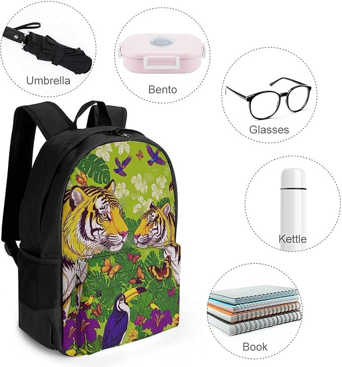 Supdreamc Backpack Polyester Multipurpose Anti-Theft Tropical Floral Wild Animals Tigers Parrot Green Shoulder Bag Big Capacity Gym Outdoor Hiking Backpack With Padded Straps