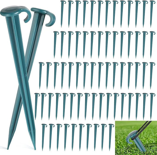 Vicenpal 100 Pcs 7 Inch Plastic Yard Stakes Inflatables Heavy Duty Plastic Garden Stakes for Tent Ground Replacement Outdoor Fence Lawn Pegs Landscape Staples Halloween Christmas Decorations (Green)