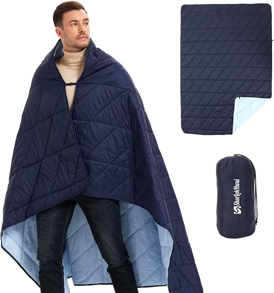 Outdoor Puffy Blanket, Reversible Warm Camping Blanket, Water-Resistant, Packable, Lightweight, Camping Quilt, for Stadium, Backpacking, Hammock, Picnic. 79"x55". Royal Blue