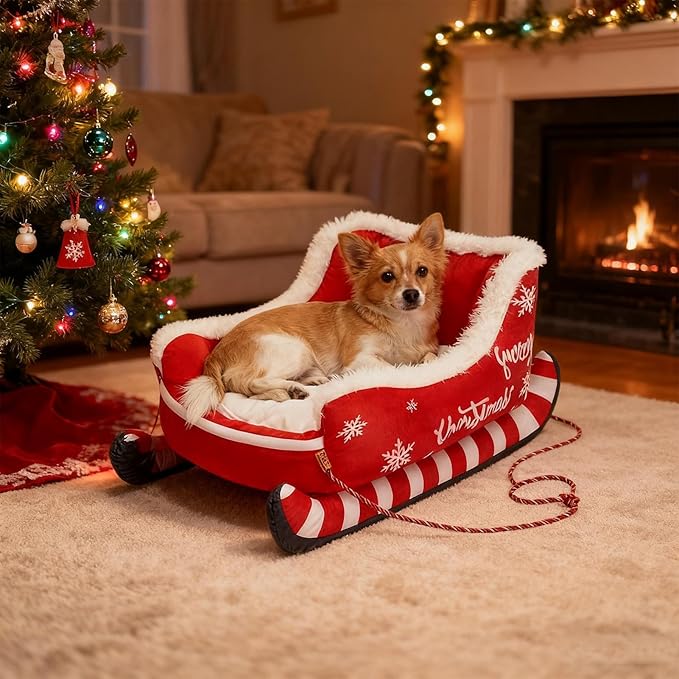 Christmas Sleigh Dog Cat Beds, Christmas Themed Pet Sleigh Bed, Festive Insulated Nest for Winter Holiday Puppy Animal Calming Sleeping Kitten Cold Weather Nights Indoor Rest