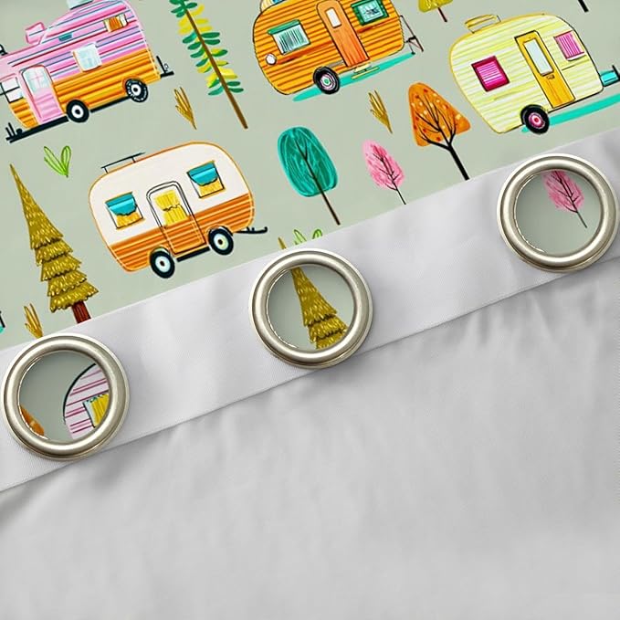 Feelyou Vintage Camper Curtains for Bedroom Living Room RV Travel Trailer Blackout Darkening Drapes Green Camping Theme Window Treatments, 2 Panels 52 x 84 Inch Room Decor