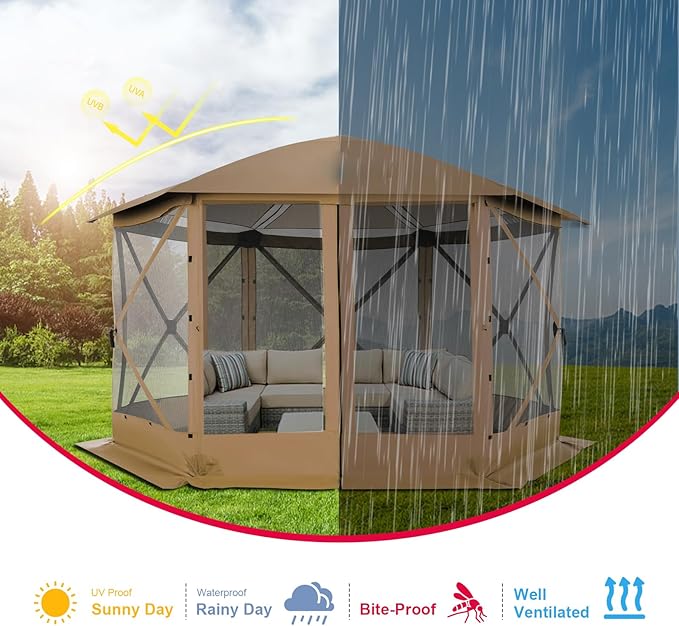 COBIZI 12x12 FT Pop Up Canopy Stargazing Tent, Gazebos On Clearance with Removable Roof,Instant Screened in Gazebo, Screen Tents Portable carpas para Patio for Outdoor Camping,Backyard, Garden, Brown