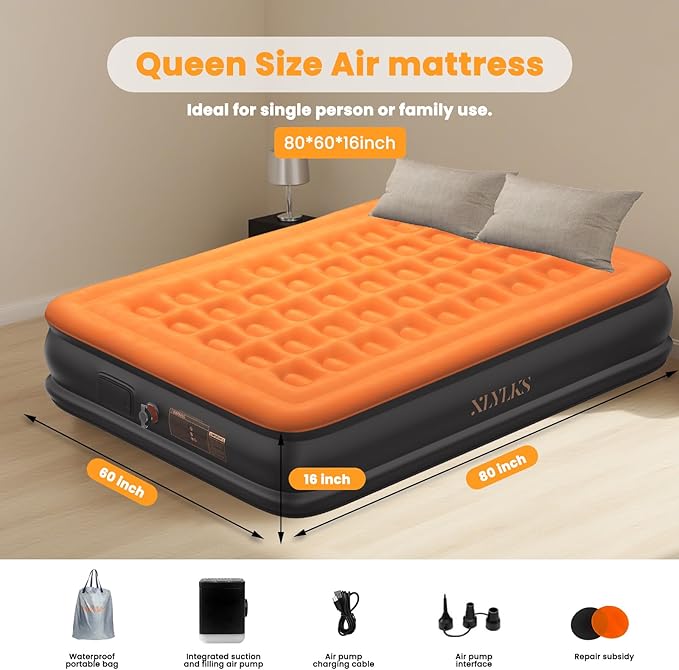 Queen Air Mattress with Built in Pump - USB Rechargeable, 16'' Comfort Blow up Mattress, Surface Portable Mattress, Air Bed for Camping, Home and Guest, 800 lbs Max