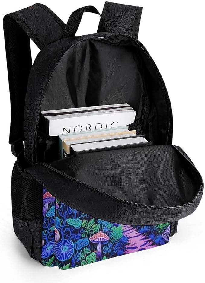 Supdreamc Rucksack Polyester Anti-Theft Multipurpose Magic Mushroom Neon Purple Pattern Bookbag Big Capacity Travel and Sport Backpack Rucksack With Side Pockets