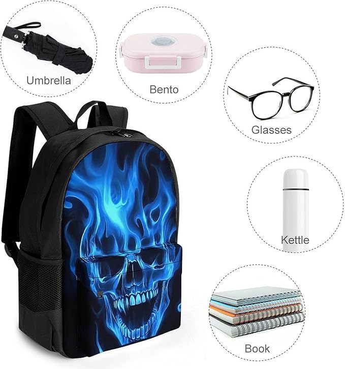 Supdreamc Backpack Multipurpose Anti-Theft Large Capacity Bookbag, Fire Flaming Blue Cool Skull Travel Hiking Daypack With Side Pockets
