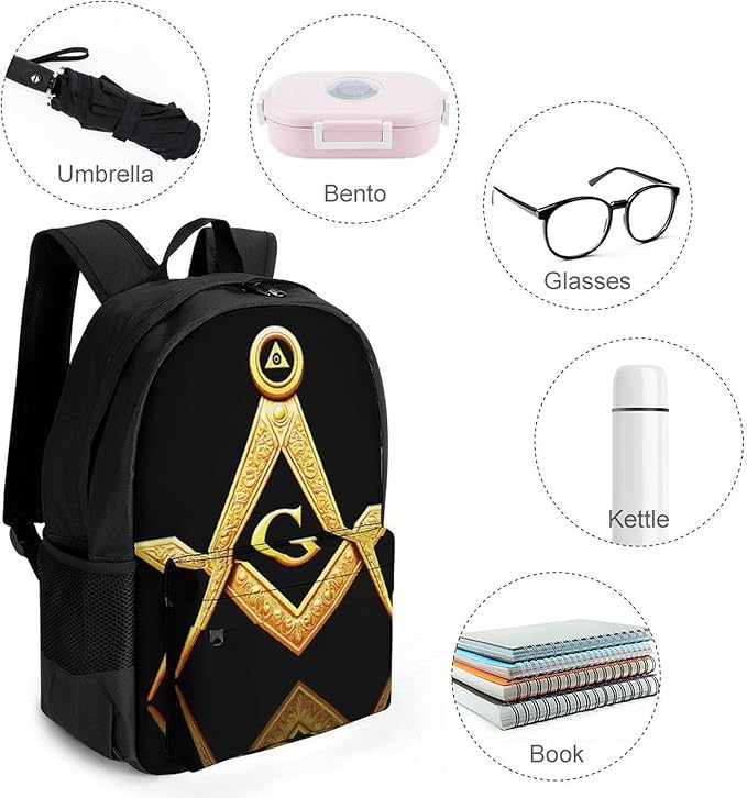 Polyester Daypack Backpack for Climbing Outdoors Running, Big Capacity Multipurpose Anti-Theft Bookbag, Gold Freemason Freemasonry Masonic Travel Hiking Camping Rucksack
