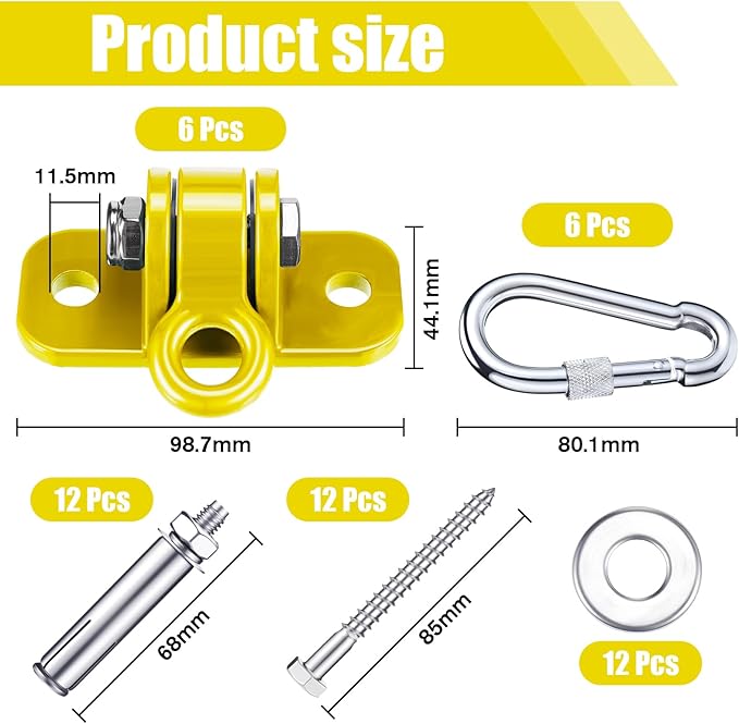 Tandefio 6 Sets of Robust Swing Hangers for Wooden Concrete Set with Swing Hook Screw Bolt Washer Swingset Accessory for Porch Patio Yoga Indoor Outdoor,Over 1800 lb Capacity (Yellow)