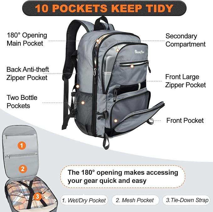Seektop Lightweight Travel Backpack for Men Women, Multiple Pockets 40L Hiking Backpack Foldable Carry on Backpack (Gray)