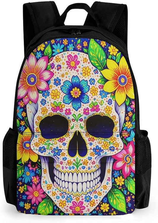 Supdreamc Men Women Polyester Sugar Skull Colorful Day Of The Dead Art Daypack Backpack Large Capacity Carry On Bag With Smooth Zippers for Hiking Picnic Walking Cycling