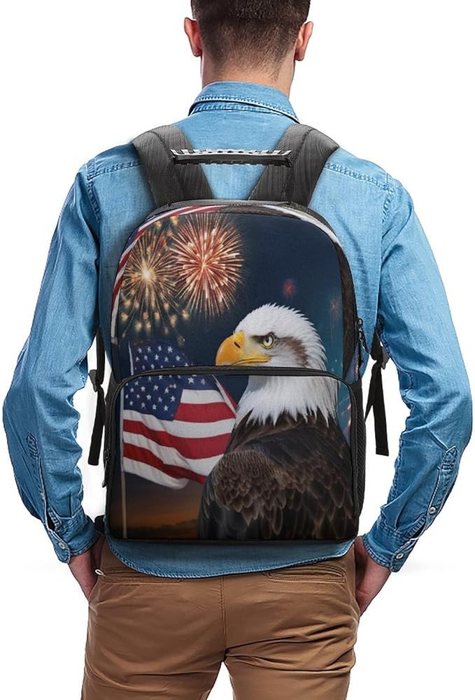 Daypack Bookbag Anti-Theft Multipurpose Large Capacity Bookbag, Bald Eagle American Flag Fireworks Travel Hiking Camping Rucksack With Adjustable Shoulder Straps