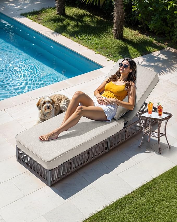 Luxury Outdoor Chaise Lounges with 5 Inch Thickened Cushions - Set of 2 High Back Brown Wicker Patio Recliners Rattan Reclining Chairs Porch Poolside Pool Sunbathing Lounger - Beige