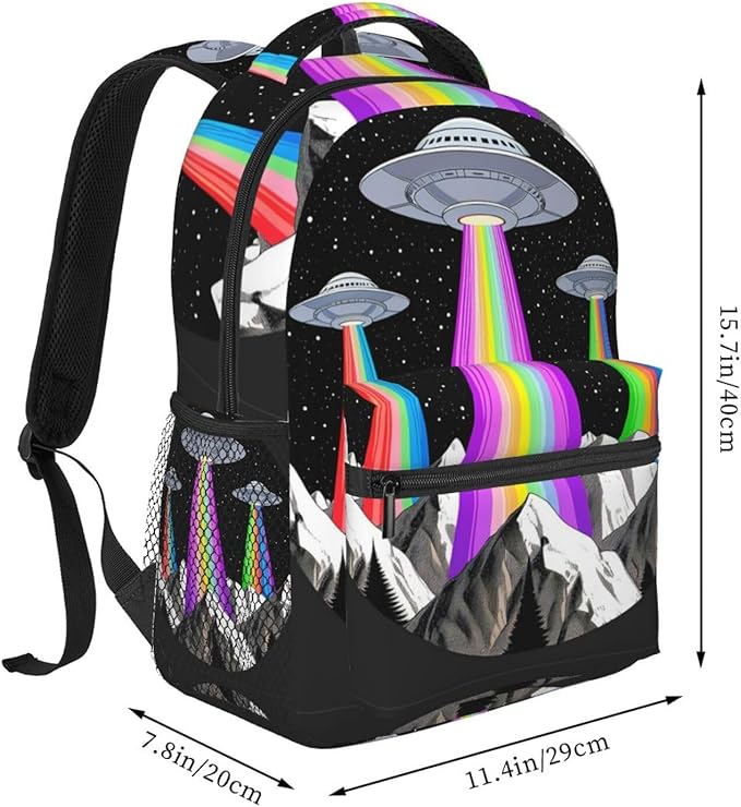 Men Women Lightweight Rainbow Ufo Gay Pride Art Daypack Bookbag Big Capacity Carry On Bag With Side Pockets for Camping Travel Bicycle