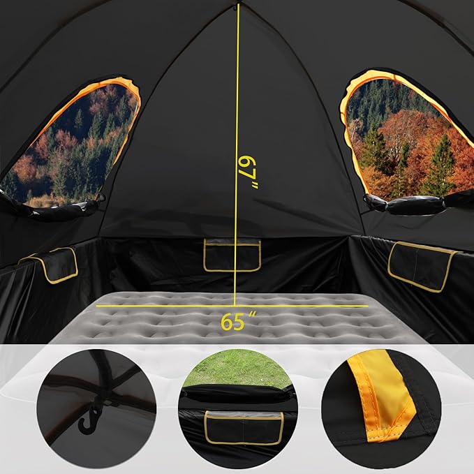 Pickup Truck Blackout Tent, Portable Truck Bed Tent for Camping, Waterproof PU2000mm Double Layer for 2 Person, Compact and Full Size Regular Bed Long Bed (Black)