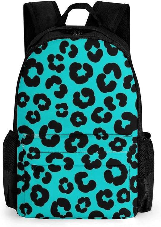 Shoulder Book Bags Anti-Theft Multipurpose Big Capacity Bookbag, Turquoise Green Cheetah Leopard Print Travel Hiking Backpack With Smooth Zippers