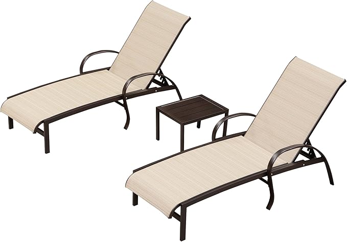 PURPLE LEAF Outdoor Chaise Lounge Chair Set of 3 Patio Pool Lounger Aluminum Chairs with Side Table Adjustable Tanning Recliner for Outside Yard Deck Lawn Garden Beach Light Khaki