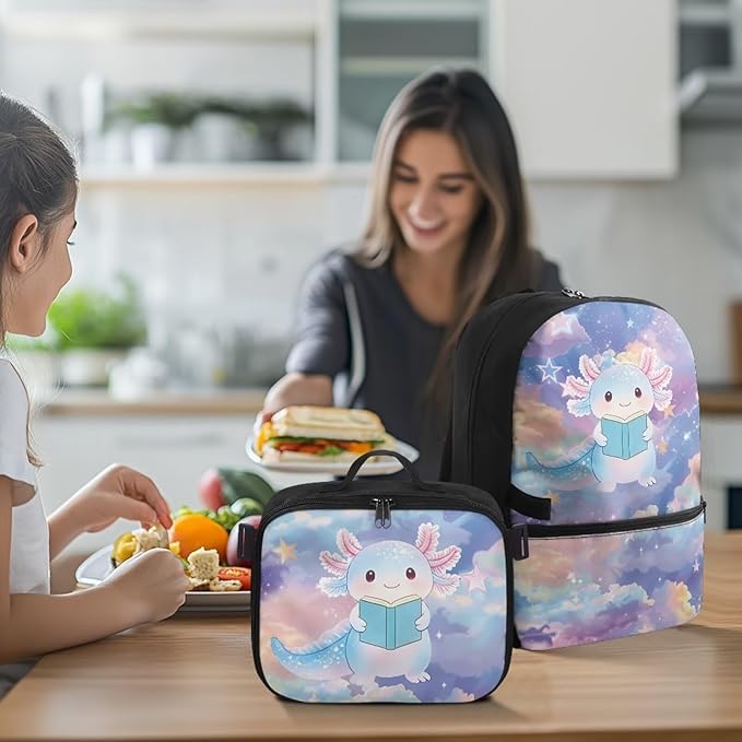 HUGS IDEA Axolotl Backpacks for Girls 4-6 Schoolbag with Lunch Box Cute Preschool Book Bags Student Hiking Camping Rucksack Daycare Bags Mochilas Para NiñA