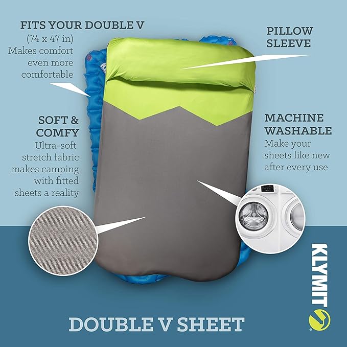 Klymit Insulated Double V Sleeping Pad and Static V Sheet Camping Pad Cover for Couples, 74x47x3 Inches