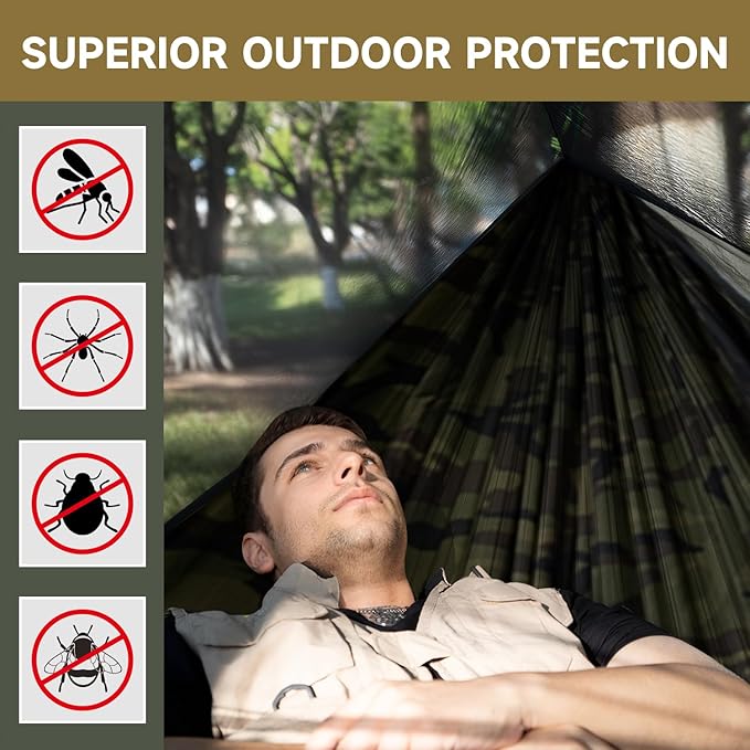 Camping Hammock with Mosquito Net and Ridge Rope, Extra Large for 2 Person, Lightweight Hanging Hammocks Tree Straps, All-in-one Fast Open Hammock for Outside, Hiking, and Travel