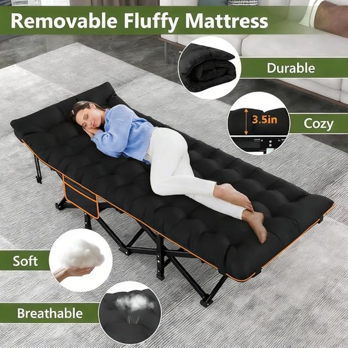 Comfortable and Soft Folding Bed, Portable Camping cot with Side Pockets and Mattress, Extra-Thick Oversized Folding Bed, Weight Capacity of 500/600/700 lbs (Black 700lbs)