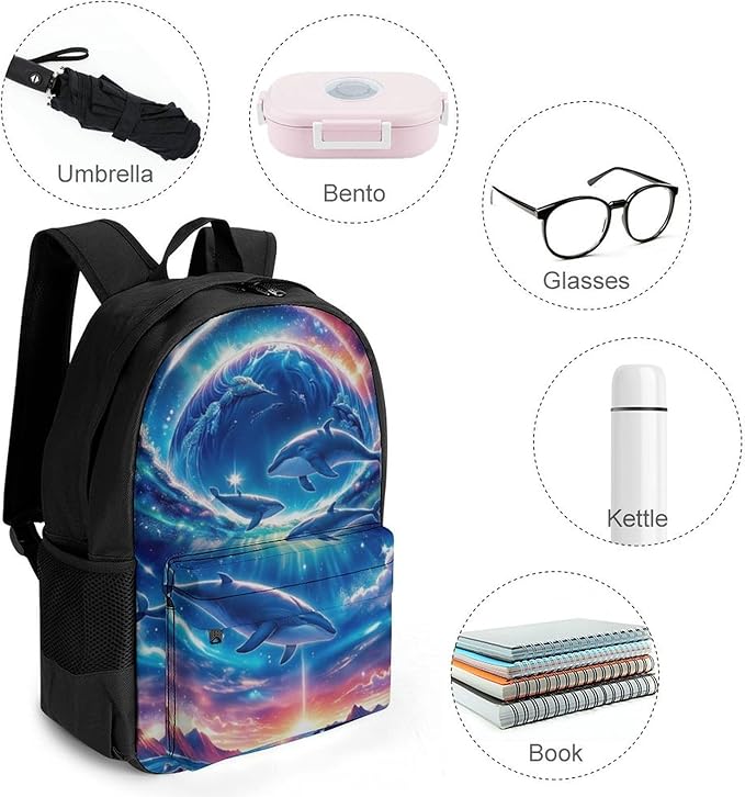 Polyester Daypack for Hiking Work Running, Big Capacity Anti-Theft Multipurpose Shoulder Bag, Galaxy Dolphin Star Space Travel and Sport Backpack Rucksack