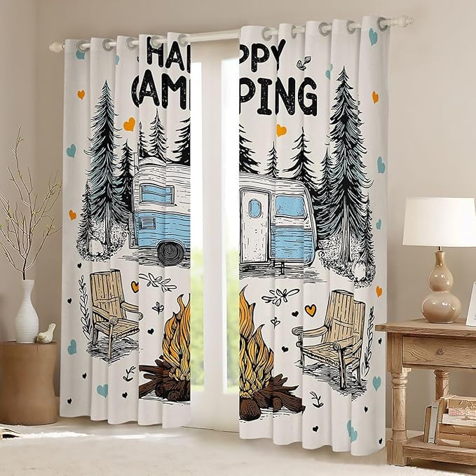 Feelyou Camping Camper Rv Blackout Curtains Rustic Farmhouse Camper Darkening Drapes for Bedroom Living Room Decor Happy Camping Thermal Insulated Shades Window Treatments, 2 Panels 52 x 84 Inch