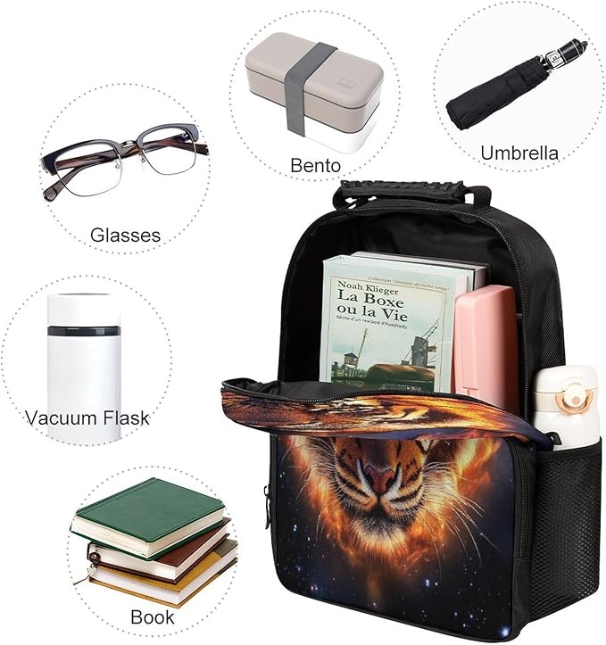 Polyester Daypack Backpack for Trekking Picnic Walking Cycling, Large Capacity Anti-Theft Multipurpose Shoulder Bag, Space Fire Flame Animal King Wild Angry Tiger Casual Daypack