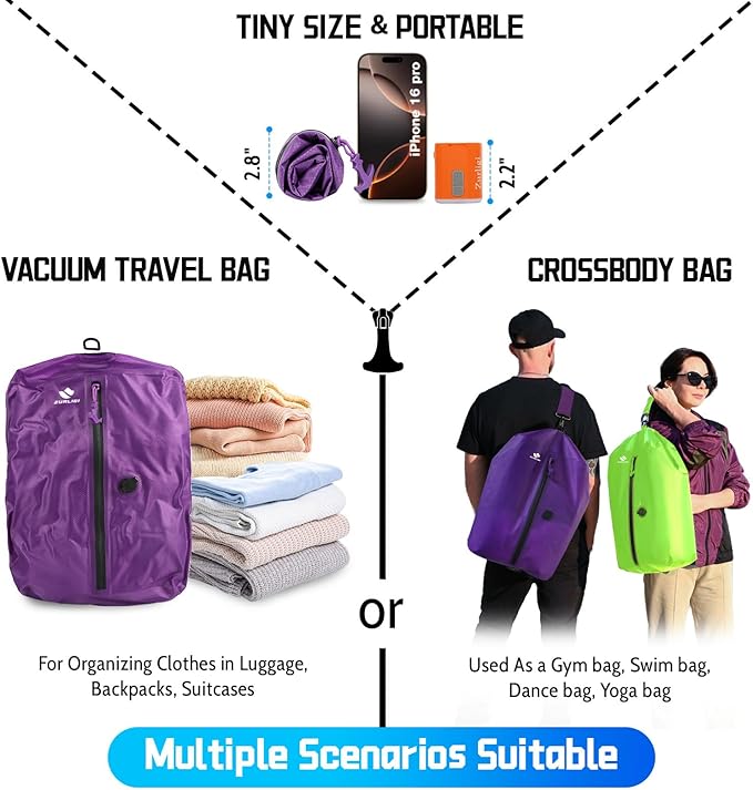 Zurligi Travel Vacuum Bags with Shoulder Strap & Mini Pump – IPX8 Waterproof Vacuum Seal Reusable 39L Carry-On Compression Bags for Clothes, Suitcase & Luggage(2-Pack, Purple)