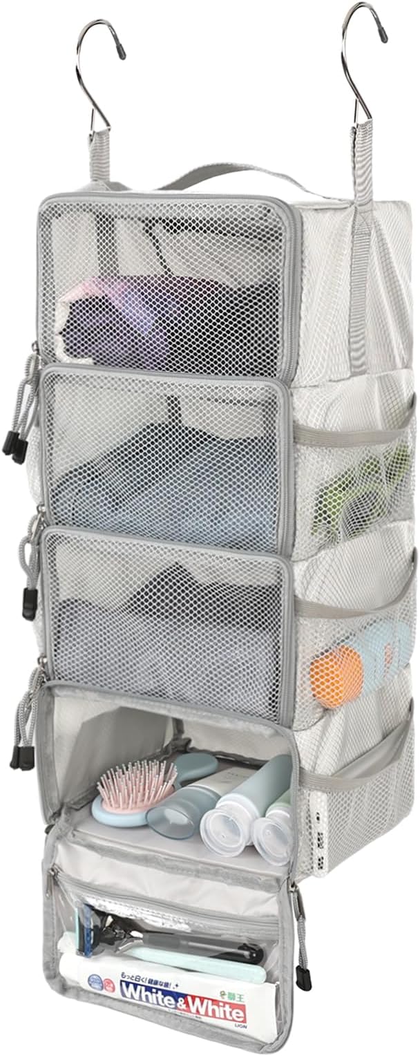 Surblue Travel Hanging Packing Cubes with 2 Hooks Hanging Shelves for Luggage Organizers Portable Compression 4 Shelf Closet Carry-on Suitcases Organizers, Small, Lightgrey