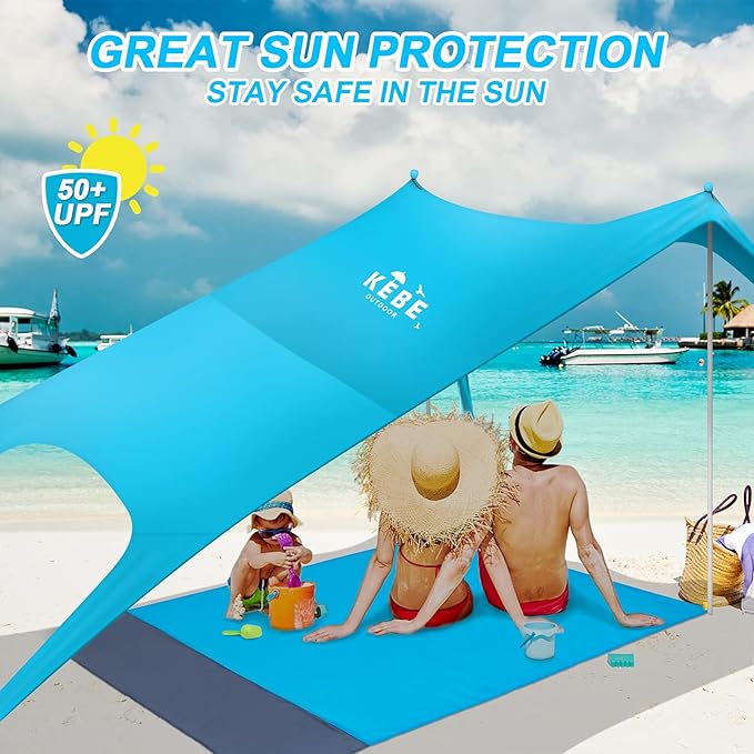 Family Beach Tent with 4 Aluminum Poles, 10x10 FT, with A Floor Mat, UPF50+ Portable Sun Shelter with Reinforced Corners, Outdoor Sunshade for Beach, Camping Trips, Backyard Fun or Fishing