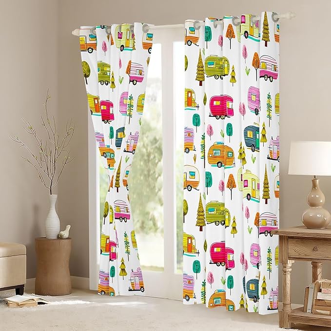 Feelyou Vintage Camper Curtains for Bedroom Living Room RV Travel Trailer Blackout Shades Camping Theme Room Darkening Curtain Window Treatments, 2 Panels 52 x 84 Inch Decor