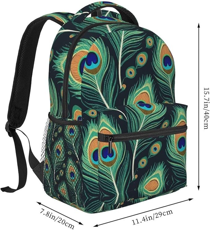 Women Men Polyester Chic Animal Beautiful Peacock Feather Green Art Casual Daypack Large Capacity Bookbag With Side Pockets for Sports Picnic Walking Cycling