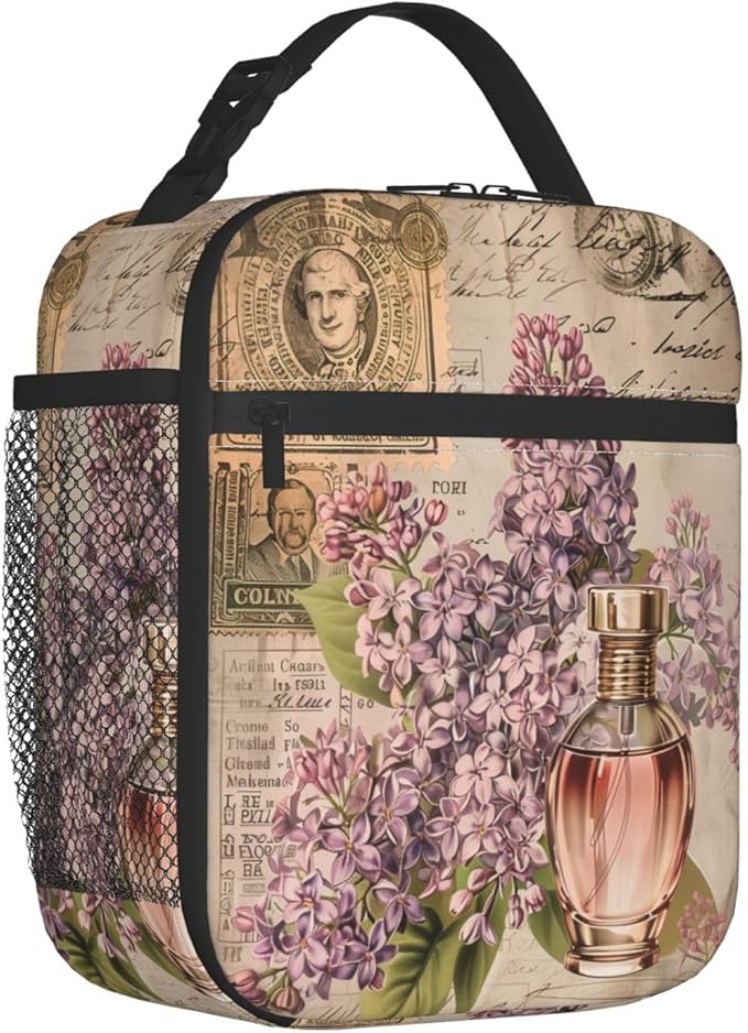 Reusable Lavender Lunch Box for Kids Girls Boys Women Adult, Insulated Vintage Floral Lilac Lunch Bag,Polyester Cooler Flower Handbags Case for School Picnic Work Travel Beach or Hiking