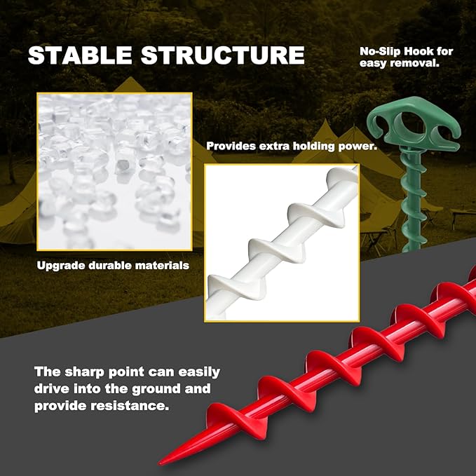Tent Stakes Ground Anchors Screw in, 6 Pack Sand Stakes for Beach 9.4 Inch Heavy Duty Spiral Tent Pegs for Camping, Party, Hiking, Outdoor Decoration (6, Red+Green+White)