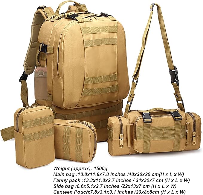60L Tactical Backpack Military 3-Day Assault Pack, Waterproof Molle System Rucksack with Detachable Bag, Survival Bug Out Backpack for Men & Women(Brown)
