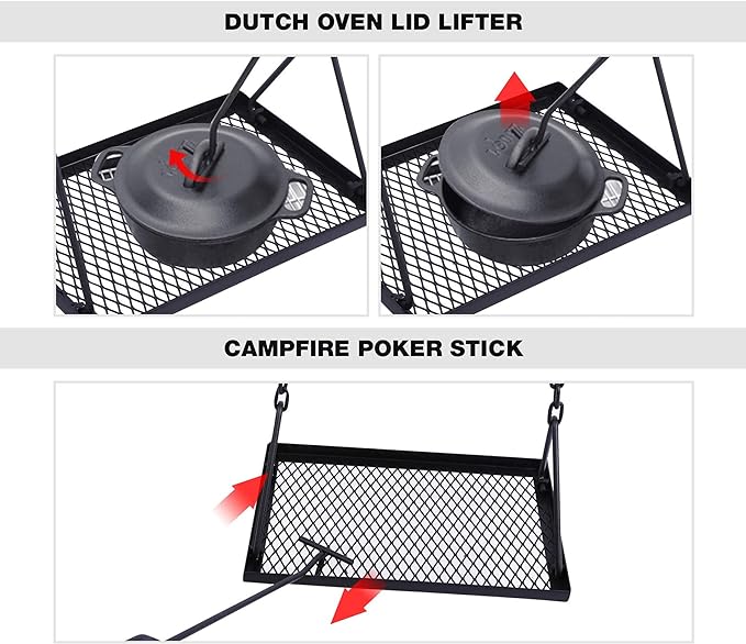 REDCAMP Swing Campfire Grill Stand - Collapsible Campfire Cooking Rack with 6 Hooks & Iron Grill Grate, Portable Dutch Oven Hanger for Outdoor Camping, Cookware, Bonfire, Rectangle