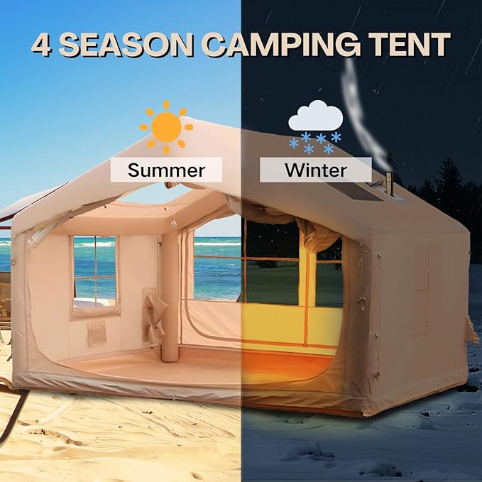 Inflatable Tent, Outdoor Easy Setup Inflatable Tents for Camping, Portable Blow Up Tent with Stove Jack, Cotton Canvas Material for Glamping, for 4 Season, 4/6/8/10 Person Use