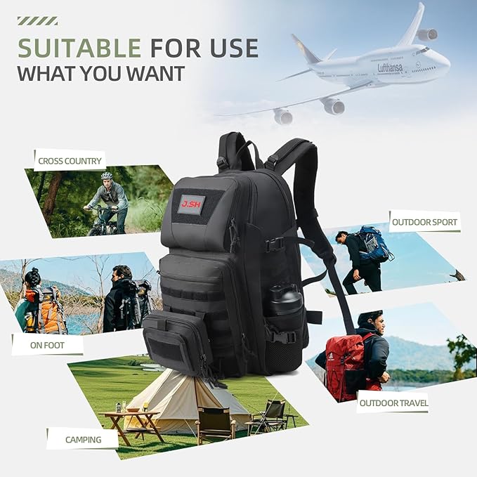 J.SH 50L Military Tactical Backpack for Men, 3 Day Assault Backpack, PVC Waterproof Coating & MOLLE System, Holds 17in Laptop Suitable for Hiking, Camping, Survival Training, Gym Backpacks - Black