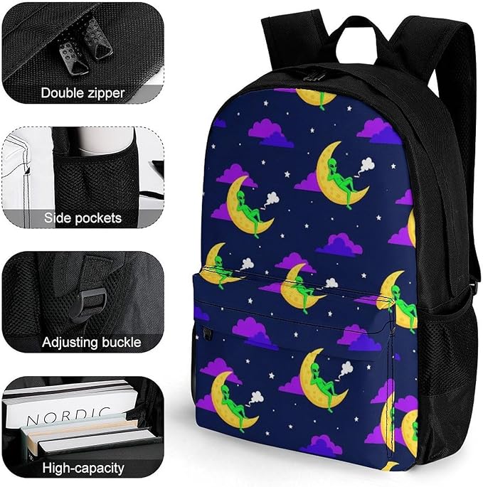 Lightweight Daypack Bookbag for Trekking Business Walking Cycling, Big Capacity Anti-Theft Multipurpose Carry On Bag, Funny Alien Moon Business Computer Bag