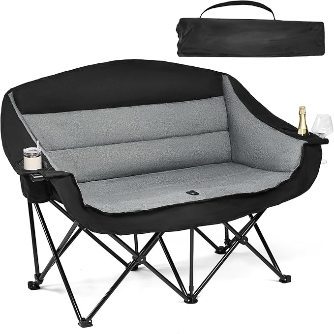 Double Camping Chair Loveseat - 2 Person Oversized Camping Couch for Adults Padded Heavy Duty Outdoor Lawn Beach Portable Folding XL Chairs with Cup Holders and Carry Bag Support 600lbs, Black/Grey
