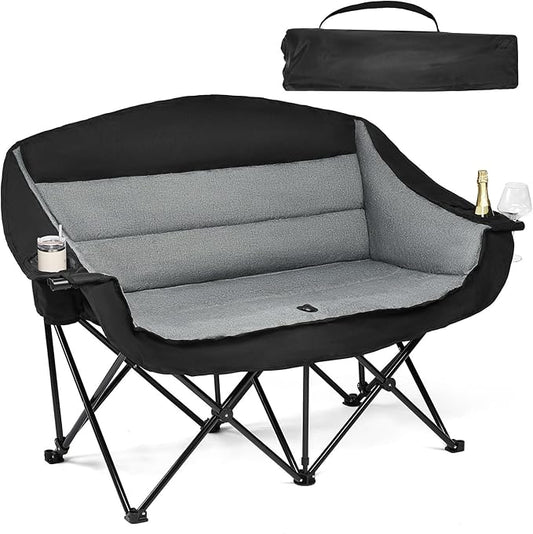 Double Camping Chair Loveseat - 2 Person Oversized Camping Couch for Adults Padded Heavy Duty Outdoor Lawn Beach Portable Folding XL Chairs with Cup Holders and Carry Bag Support 600lbs, Black/Grey