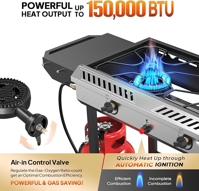 Bonnlo 2 Burner Propane Gas Burner with Auto Ignition, 150000 BTU Camping Stove with Storage Shelf and Rolling Wheels, Portable Outdoor Cooker for Patio Backyard Cooking Frying Boiling and Stewing