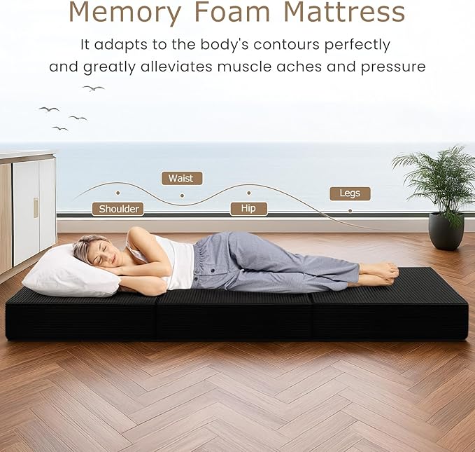 6-Inch Tri-Fold Mattress Twin Size - Foldable Futon Sofa Bed with Removable Washable Cover, Folding Memory Foam Futon Mattress | Non-Slip Bottom & Carry Handles for Guest, Camping, Dorm