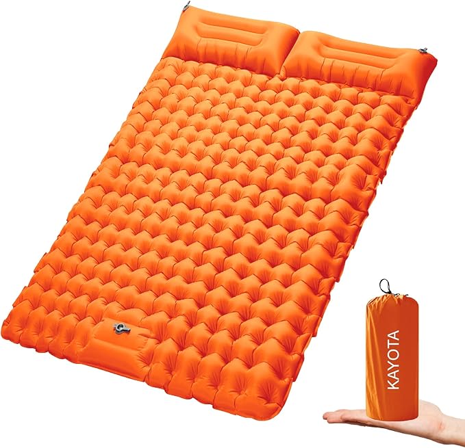 Double Sleeping Pad for Camping Inflatable 2 Person Sleeping Mat with Built-in Pump, Foot Press Ultralight Extra Thick Camping Mat with Pillow for Backpacking, Traveling, Hiking, Durable & Waterproof…