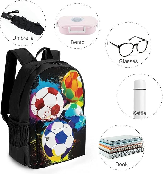 Supdreamc Men Women Lightweight Colorful Paint Splash Ink Soccer Ball Football Black Backpack Large Capacity Bookbag With Smooth Zippers for Gym Business Running
