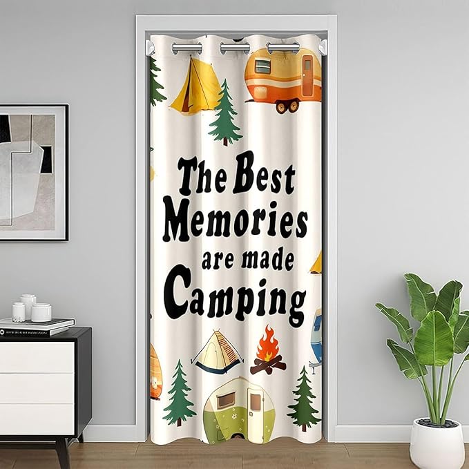 Cartoon Camper Kids Door Curtain,RV Trailer Rustic Adventure Blackout Curtain,Tent Bonfire Campfire Pine Tree Nature Bedroom Doorway Living Room Decor,Colorful Privacy Door Drape 1 Panel,42" W X 80" L