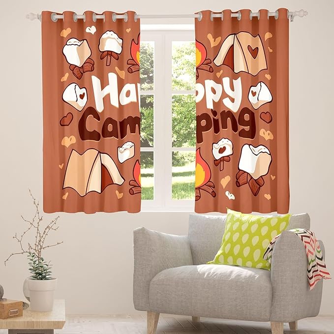 Erosebridal Camper Window Curtains 52" Wx63 L Happy Camping Blackout Curtains for Bedroom Living Room,Camping Tent Window Treatments Adventure Campfire Marshmallows Drapes Decor 2 Panels
