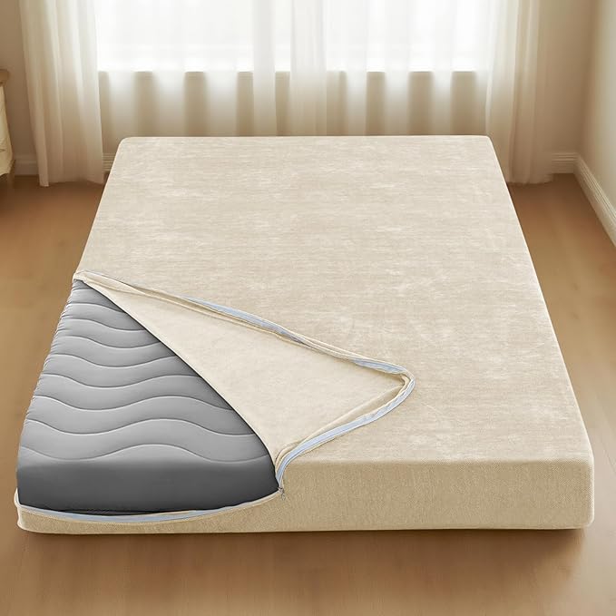 H.VERSAILTEX Queen Size Armless Futon Mattress Covers for Traditional Japanese Futon Mattress Soft Mixed-Color Chenille Couch Slipcovers Floor Mats Sofa Protector Zippered Sleeper Sofa Cover,Beige