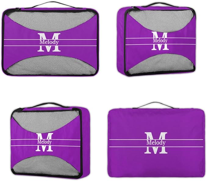 Personalized Packing Cubes, Set of 4 with Zipper Handles, Custom Name Initial Letter Travel Suitcases Luggage Packing Organizers, Initial Letter